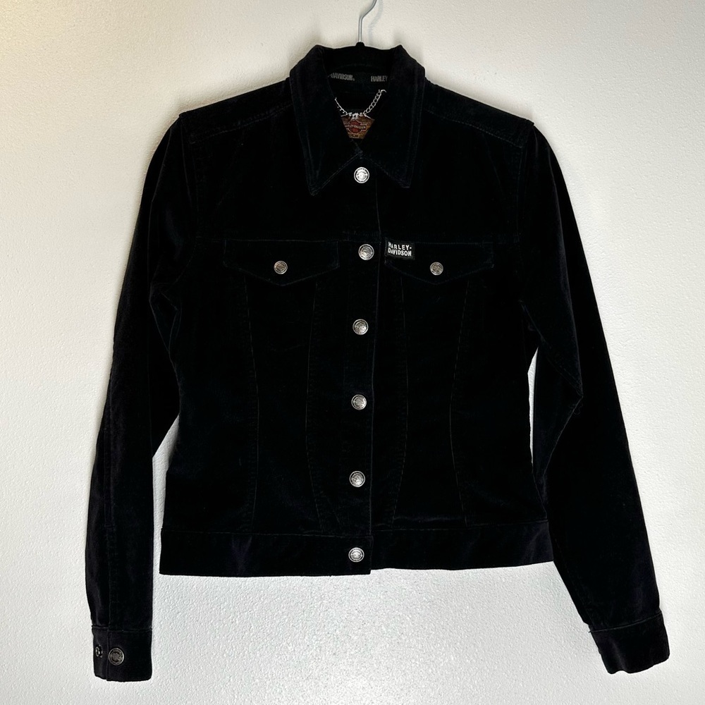 Harley Davidson Black Velvet Embroidered Jacket Buttoned Collared Size XS Women